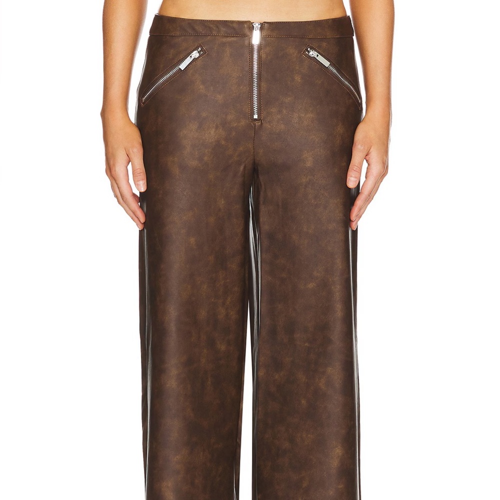 WeWoreWhat Faux Leather Brown Wide-Leg Zipper Fly Pants